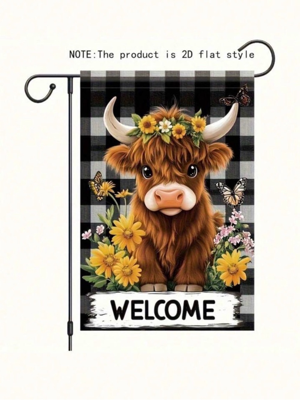 Welcome Highland Cow Garden Flag with Yellow Flowers